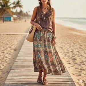 LOFT Ann Taylor Ruffle Neck Blouse L Mocha Brown Pleated Tie Front Top‎ Boho